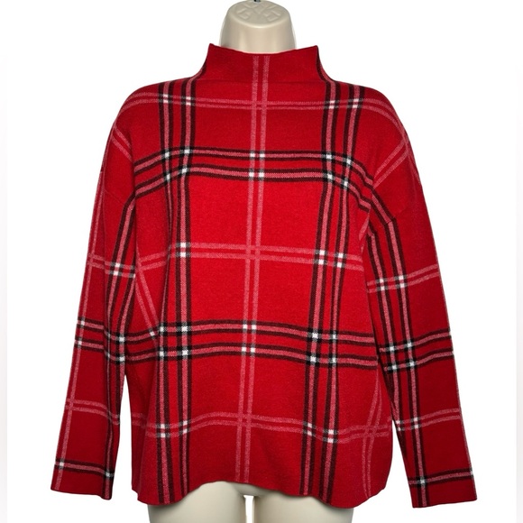 Tahari Women’s Red Mockneck Plaid Holiday Festive Winter Sweater Size M - Picture 1 of 6